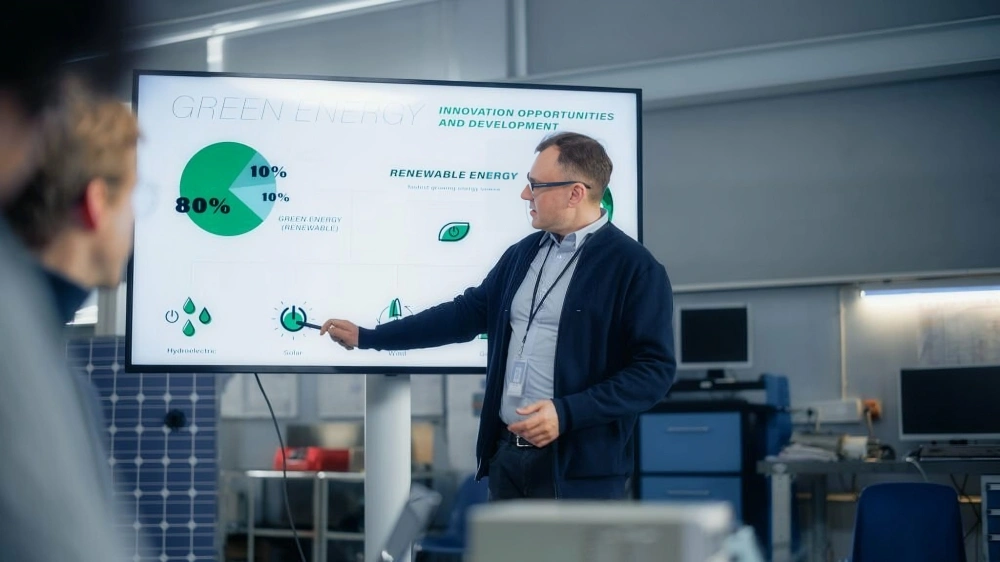 Projectors – Professional giving a business presentation using a projector in an office setting