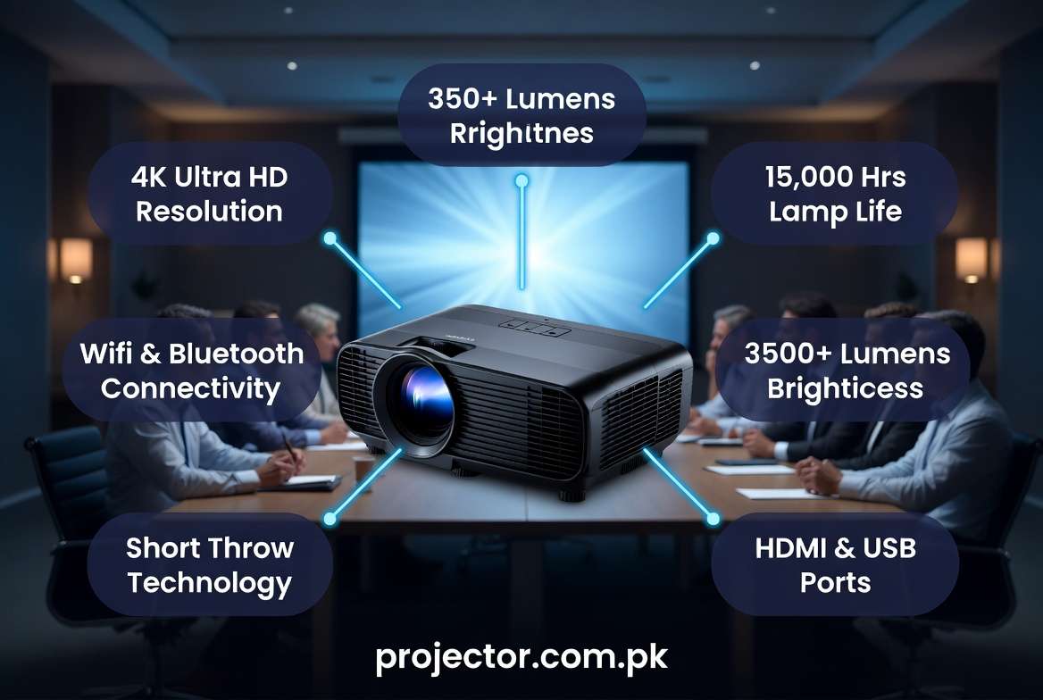 Best projector in Pakistan 2026 including 4K resolution, 3500 lumens brightness, WiFi connectivity, and short throw technology by projector.com.pk